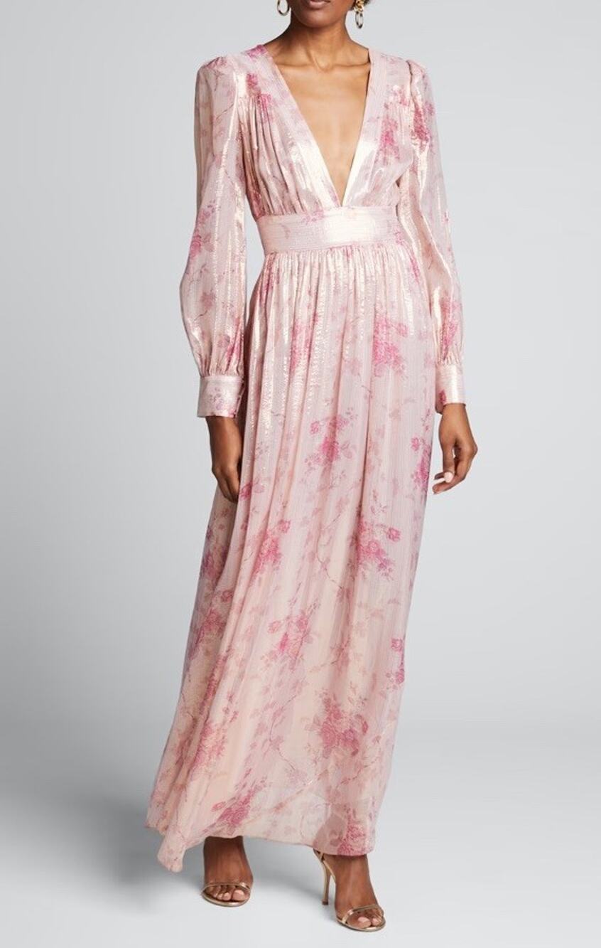 LoveShackFancy Cyrena Silk Blend Metallic Floral Maxi Dress Pink Size 2 $795